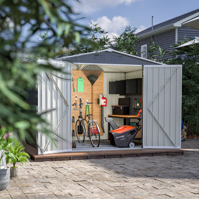 8x6 FT Waterproof Outdoor Shed with Metal Floor & Lock, Gray Tool Storage - Grey