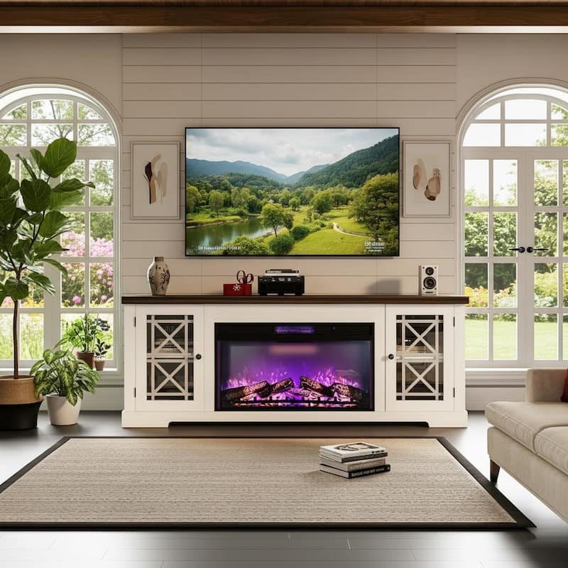 70" Fireplace TV Stand with 36" Remote, Up to 80" - White