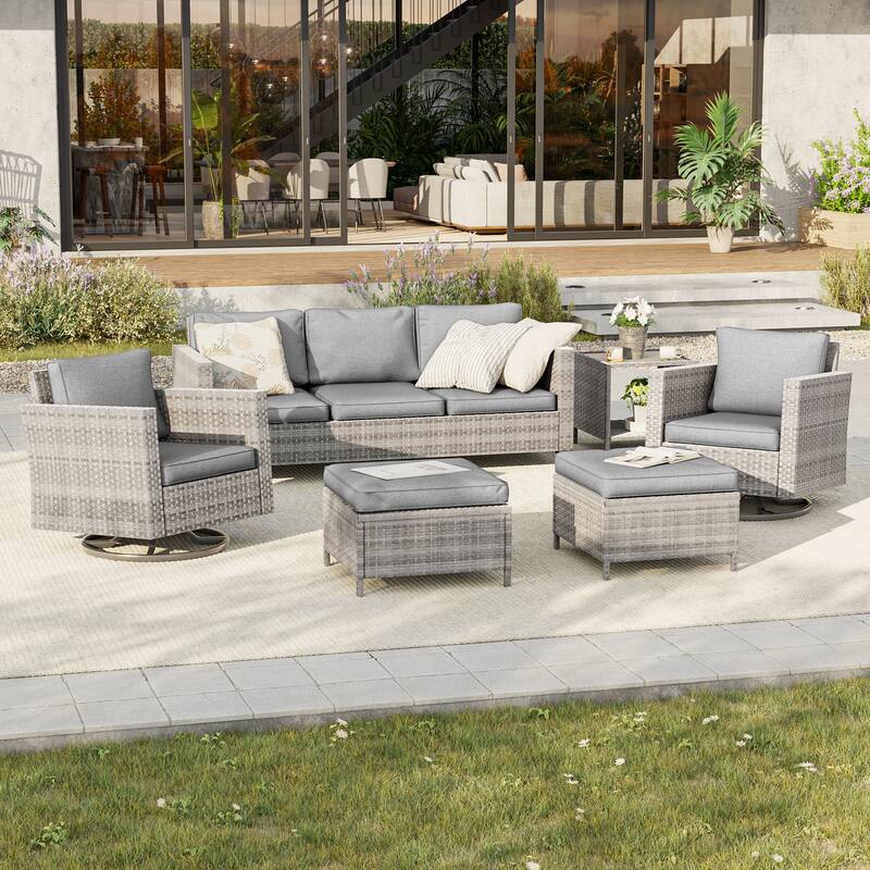 BONOSUKI 6Pcs Patio Swivel Rocking Sofa Set Brown Rattan w/Side Table - Gray/Gray