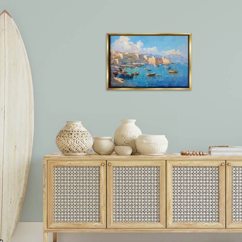 Stupell Nautical Harbor Coastal Town Framed Floater Canvas Wall Art Design By LSR Design Studio