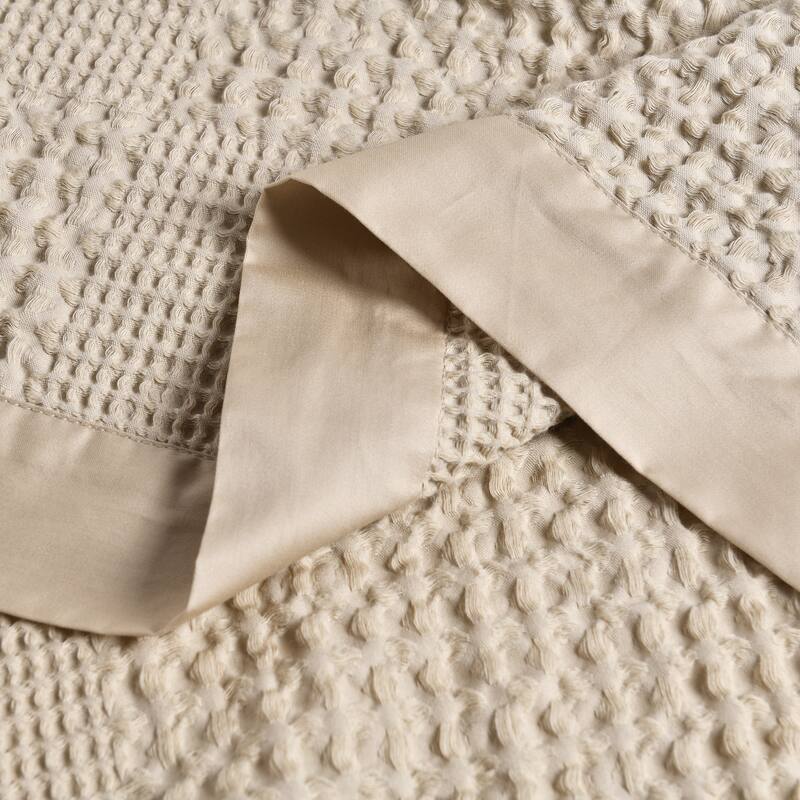 100% Cotton Waffle Weave Lightweight Bed Blanket, Cotton Sateen Bordered