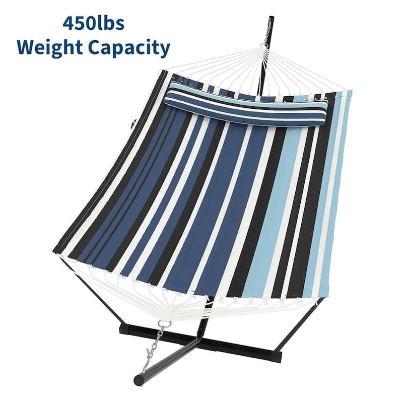 Portable Double Hammock with Stand for Outdoor Patio, Garden, Beach, Backyard, Max 450 Lbs Capacity - Blue Stripes