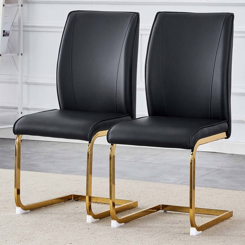 Set of 2 PU Material High Resilience Dining Chair with Arched Metal Gold Leg
