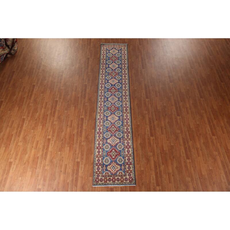 Blue Kazak Runner Rug Hand-Knotted Wool Carpet - 2'7" x 13'2"