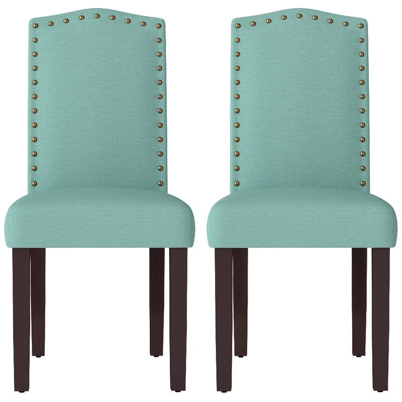 Fabric Upholstered Nailhead Trim Parson Dining Chairs Set of 2 - Green-2-Pieces