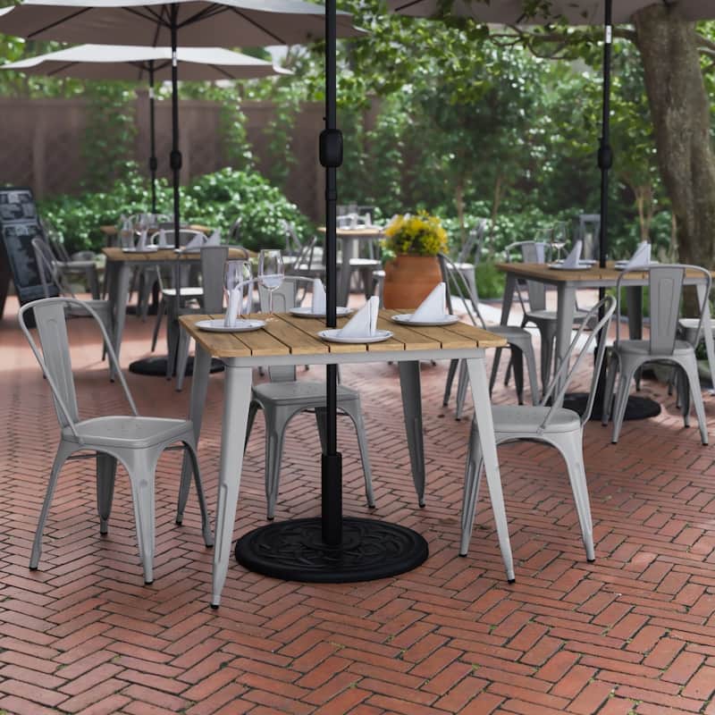 36" SQ Commercial Poly Resin Restaurant Table with Umbrella Hole - 36"W x 36"D x 30"H - Brown/Silver