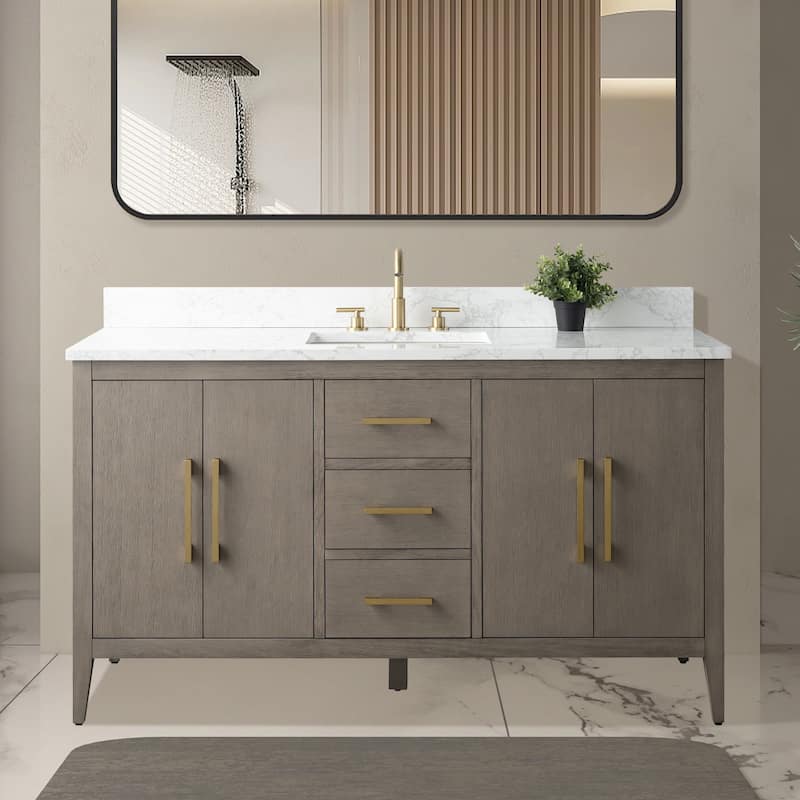 Vanity Art 60" Single Sink Bathroom Vanity Cabinet with Engineered Marble Countertop - 60"/Golden Brushed Handle - Driftwood Gray