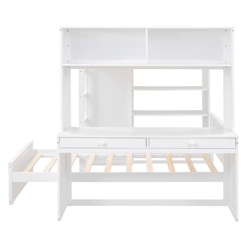 Space-Saving Full Size Loft Bed with Twin Bed, Shelves, Desk, and Wardrobe in White