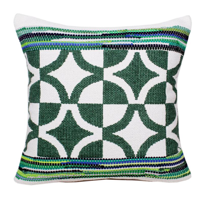 Handwoven Diamond Bordered Square Throw Pillow Cover - 20" - Green and White