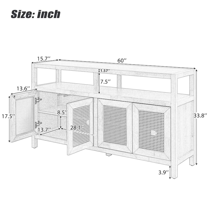 Bohemian Style Rattan Buffet Cabinet with Solid Wood Frame,3-position Adjustable Shelves,No-Handle Push-to-Open Design