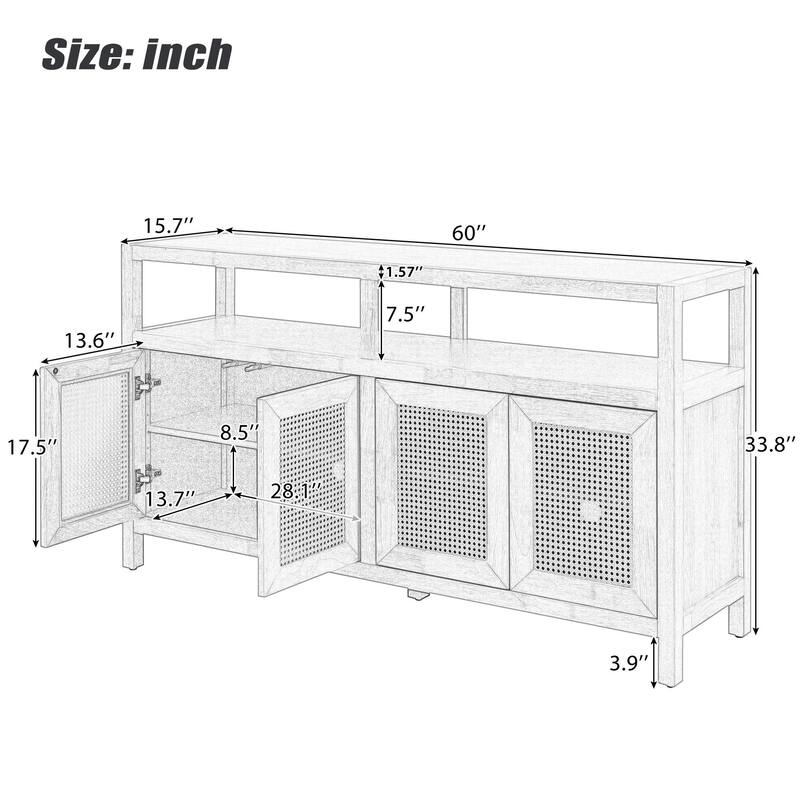 Bohemian Style Rattan Buffet Storage Cabinet with 3-Position Adjustable Shelves and Solid Wood Frame, for Dining Room, Black
