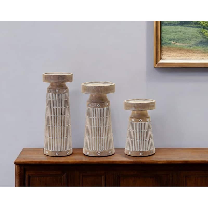 Set of Three Natural and White Polyresin Geometric Tabletop Pillar Candle Holders - One Size - Natural and White - One Size