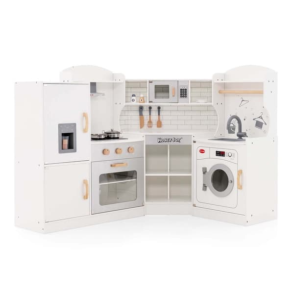 slide 2 of 6, Corner Play Kitchen Toddler Kitchen Playset w/ Range Hood Ice Maker White