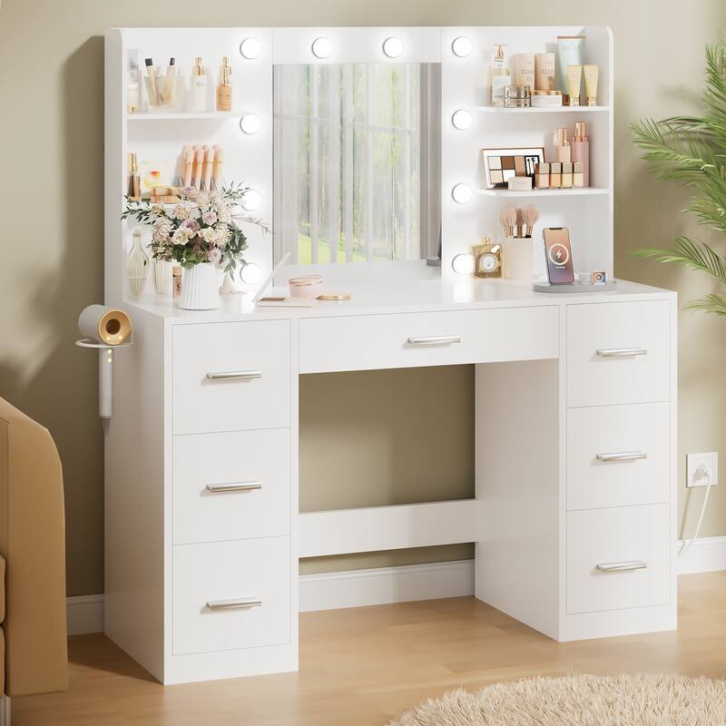 Furniwell Makeup Vanity with Mirror and Drawers Vanity Desk Set with 3 Modes Adjustable Brightness Lights and USB Power Outlet
