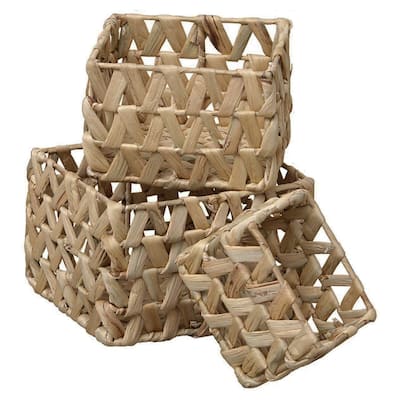 Rectangular Braided Water Hyacinth Baskets Handles Natural Set of 3 - 9"L x 8"W x 6"H