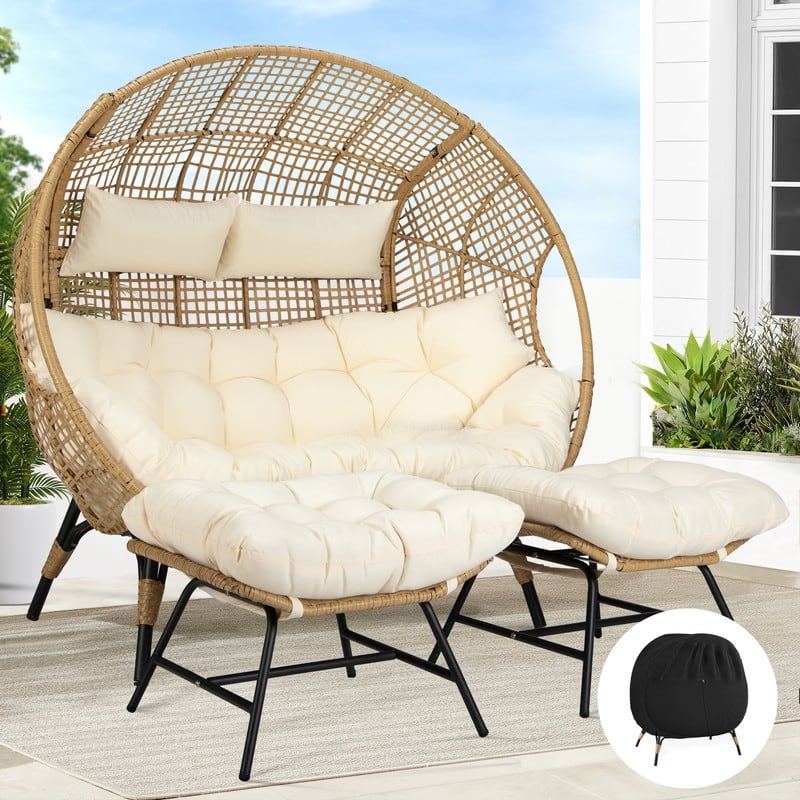 FINCATI Double Egg Chair with 2 Ottomans & Rain Cover, 680-lb Capacity