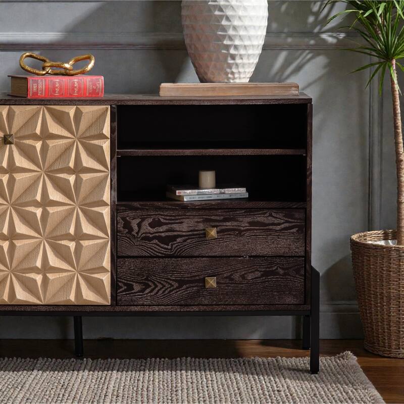 56.30" Mid-Century Modern Sideboard Cabinet with 3D Geometric Doors, Solid Wood & MDF Buffet Console Table