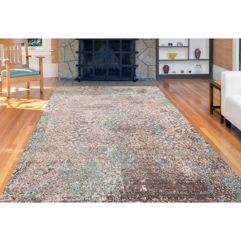 Savannah Sia Aqua Blue/Gray/Beige Polyester Area Rug