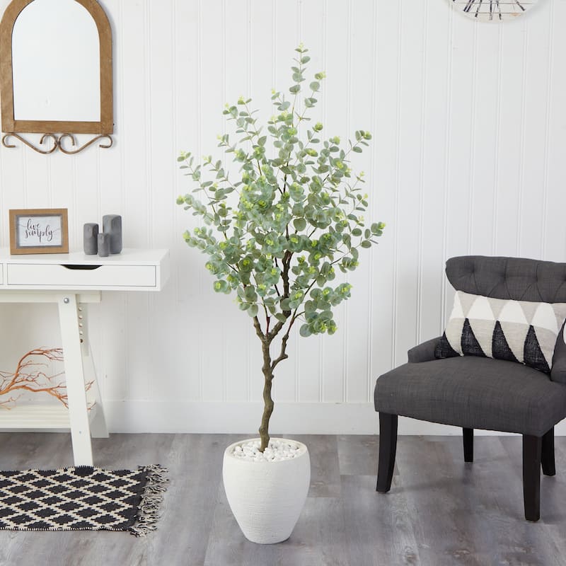 63" Eucalyptus Artificial Tree in White Planter - 13"