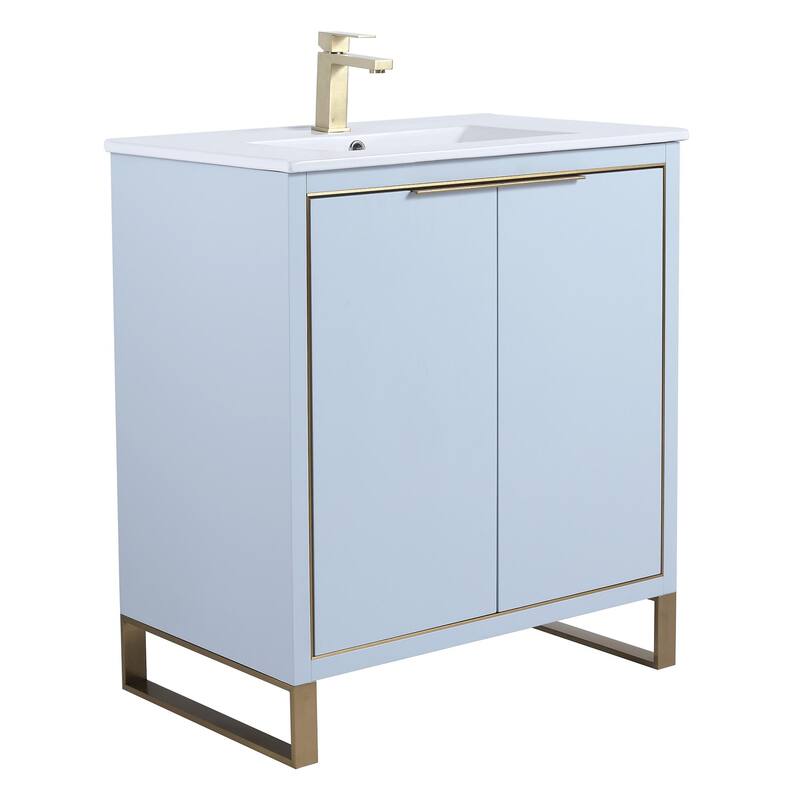 Fine Fixtures Opulence Collection Bathroom Vanity with White Ceramic Sink - 30 Inch - Pastel Blue - Satin Brass Hardware