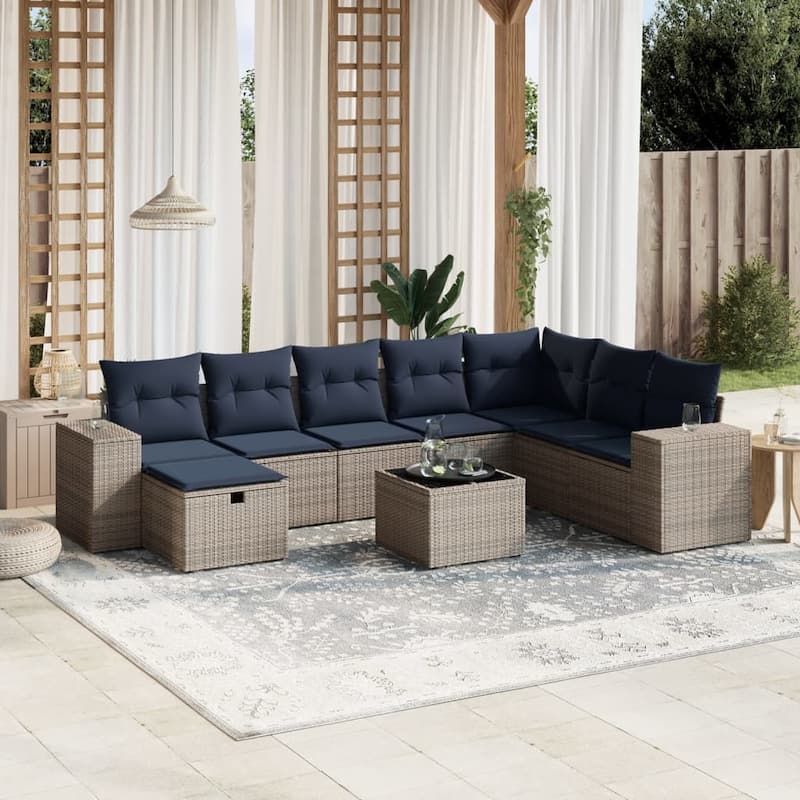 vidaXL Patio Sofa Set with Cushions Outdoor Conversation Furniture Poly Rattan - 24.4" x 24.4" x 27.2" - Gray with table