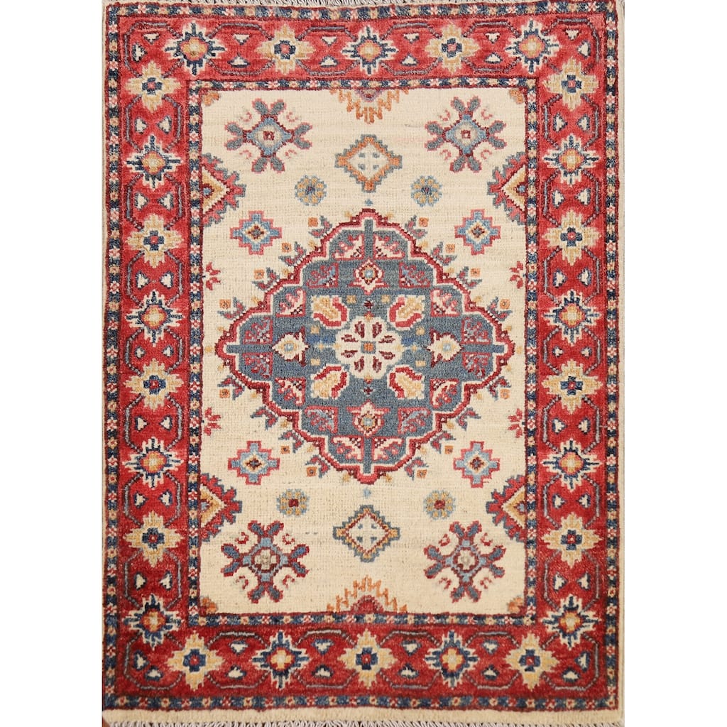 Ivory Kazak Oriental Foyer Rug Hand-Knotted Wool Carpet - 2'0" x 3'0"