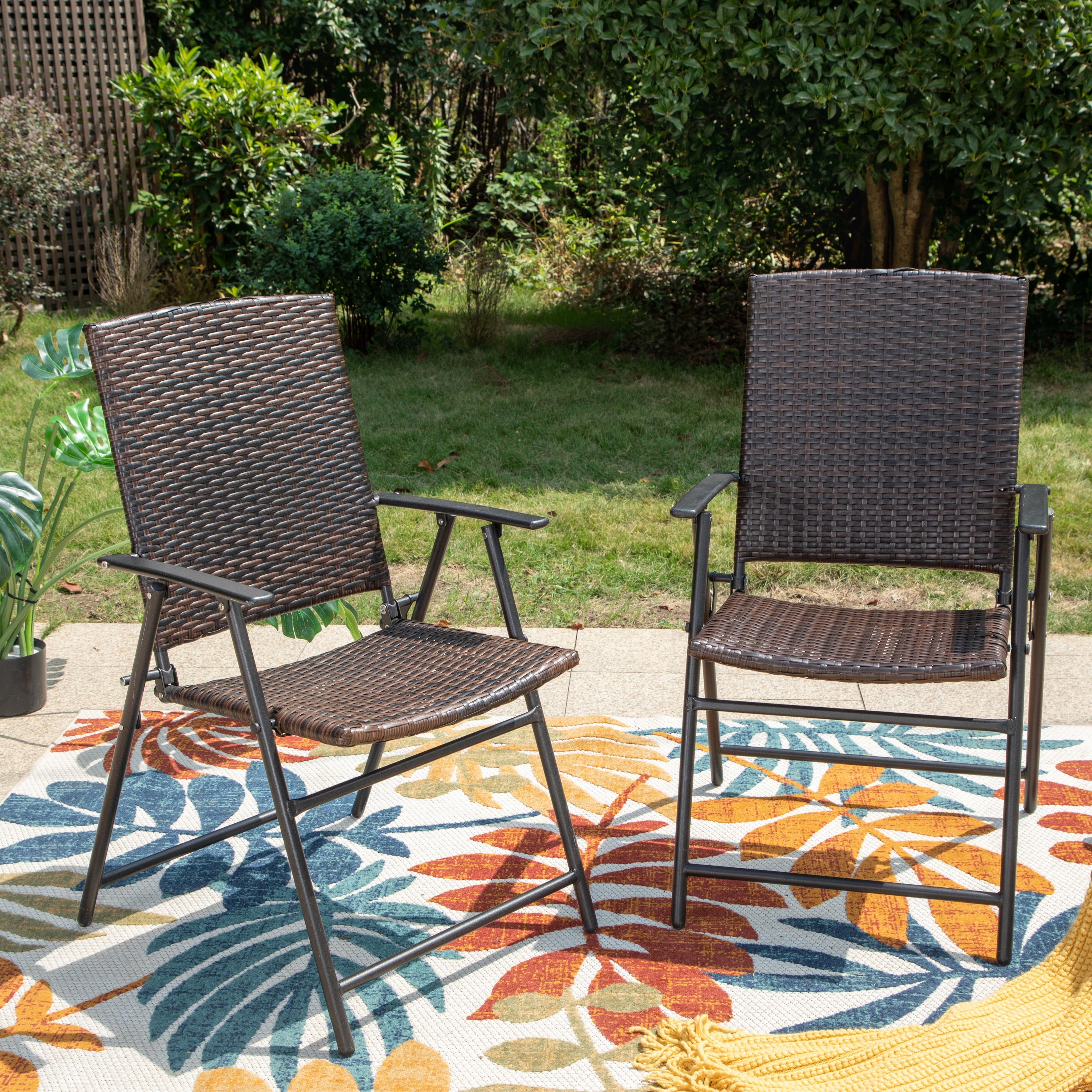 PHI VILLA Outdoor Wicker Patio Folding Dining Chairs Set of 2 Adjustable Patio Rattan Recliner Wicker Chairs with High Backrest