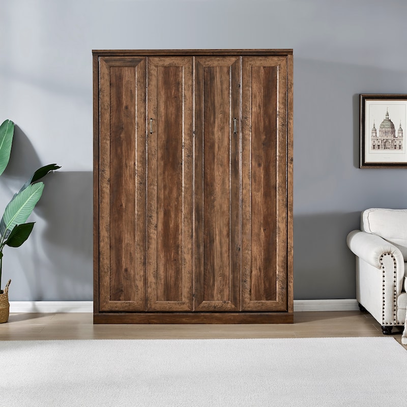 Full/Queen Hidden Murphy Bed Cabinet, Space-Saving Wooden Wall Bed Perfect for Guest Room, for Bed Room, Guest Room, Home Office - Brown - Full