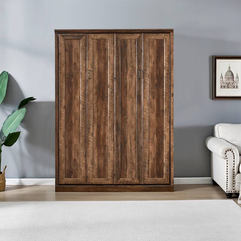 Full Size Half Self-Close and Open Murphy Bed Cabinet Space-Saving Bed Perfect for Guest Room - Brown