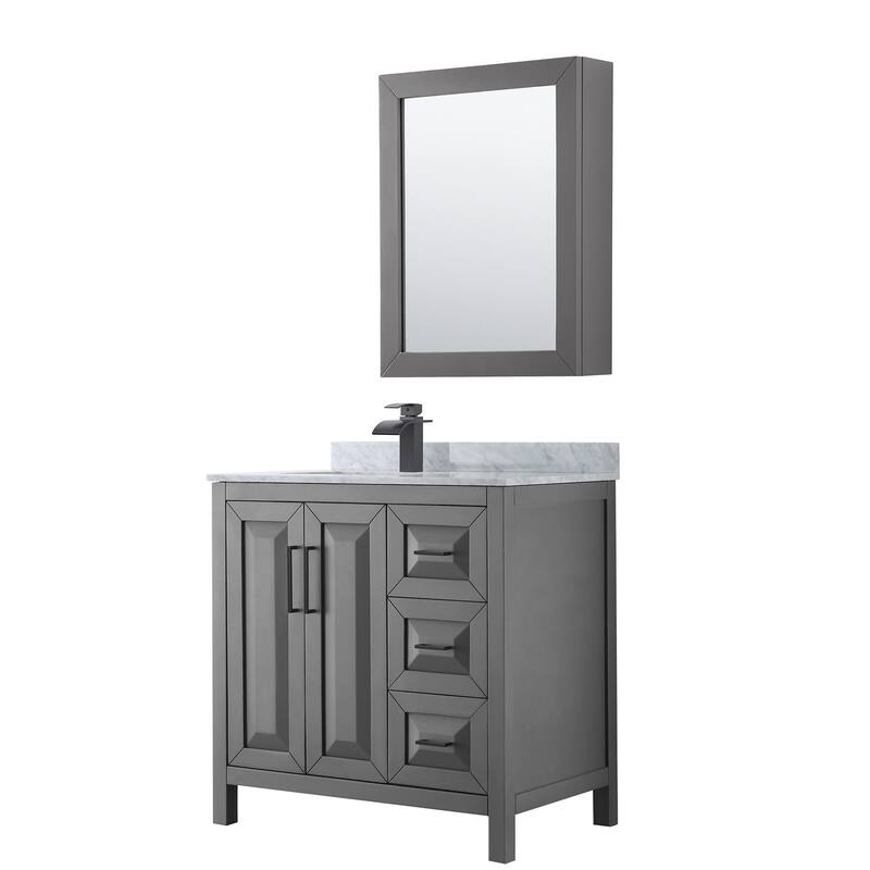 Wyndham Collection Daria 36" Free Standing Single Vanity Set with MDF - Dark Gray / White Carrara Marble Top / Matte Black - Steel Finish
