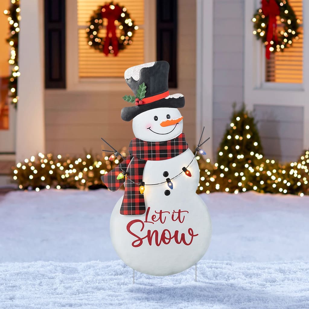 Glitzhome 36"H Lighted Metal Christmas Let it Snow Snowman with Colorful Bulbs Yard Stake - Multi