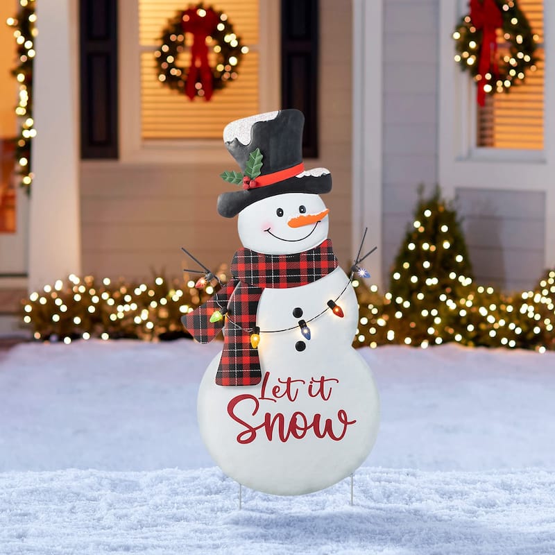 Glitzhome Metal Christmas Snowman Family Nutcracker JOY Yard Stakes Wall Decor - Lighted Snowman