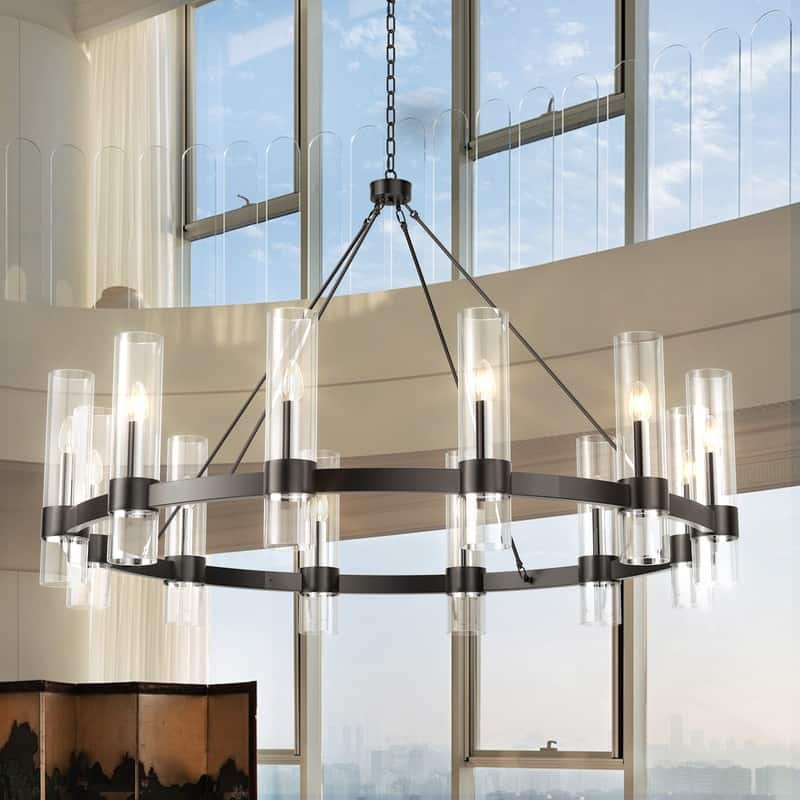 Modern Farmhouse Chandelier Black Wagon Wheel Chandelier with Clear Glass Shade