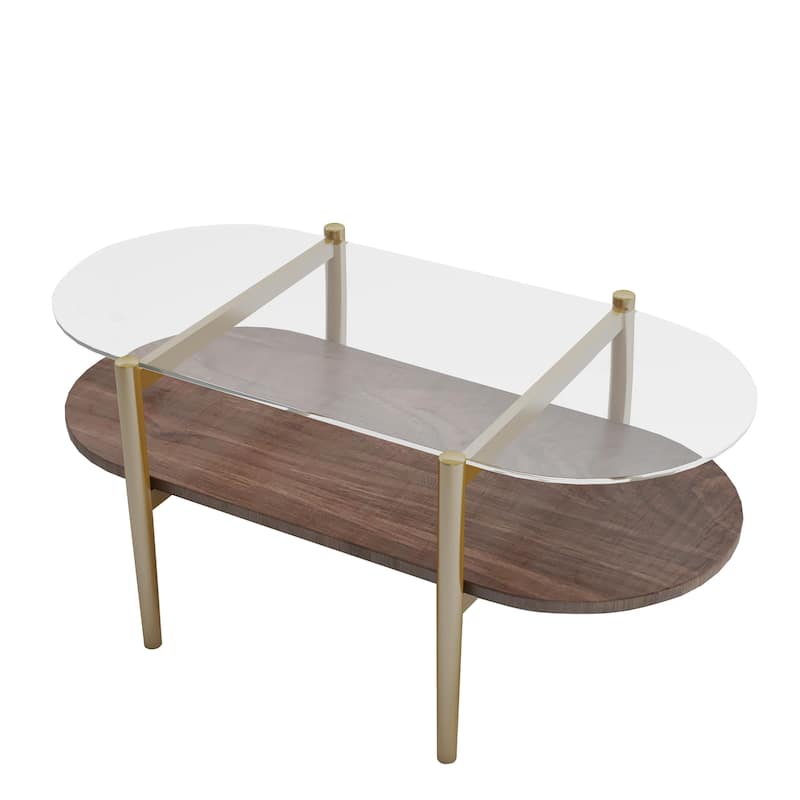 Modern Coffee Table with Clear Glass Top, Capsule Shape 2 Tier Center Table with Wood Shelf and Metal Legs for Living Room