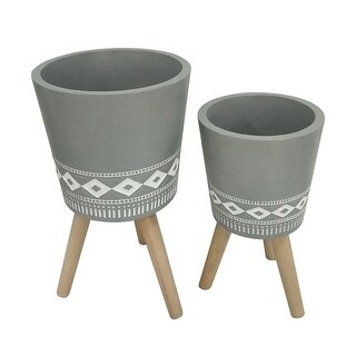 Grey Ceramic Planters on Wood Tripod Legs (Set of 2) - 12.0" x 12.0" x 21.0"