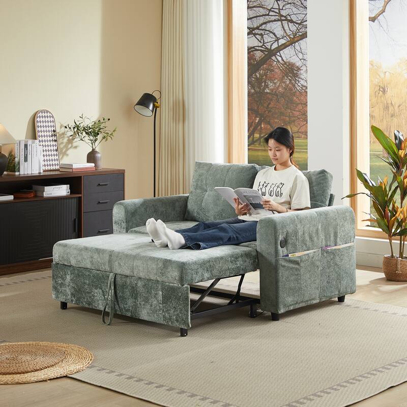 Anmytek Convertible Loveseat Sofa Bed with USB Ports and Adjustable Backrest Tufted Sleeper in Green