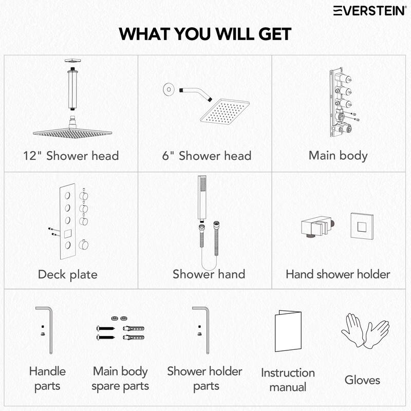 Digital Thermostatic Shower System Faucet Set 12" and 6" Temperature-Sensitive LED Rain Shower Head with Handheld Spray