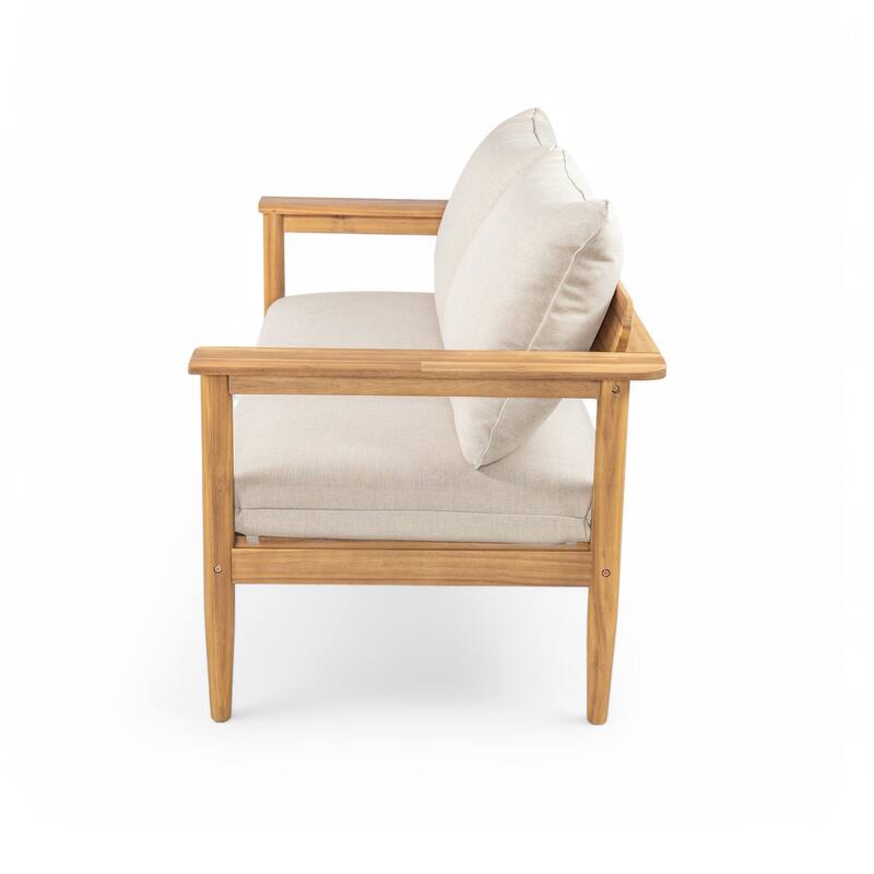 Roomfitters Terassi Outdoor Acacia Wood Loveseat with Wide Armrests, Teak Finish and Beige Cushions