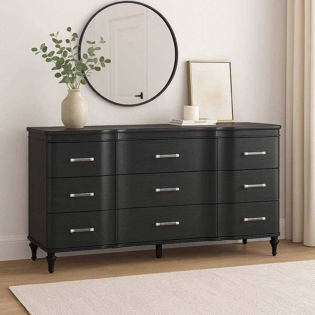 Eleena 6 Drawer Wide Dresser, Black Solid Wood, Acrylic Handles