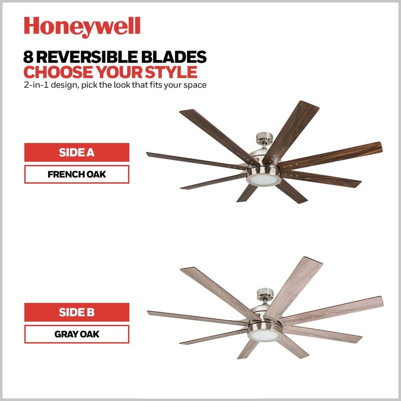 Honeywell Xerxes Brushed Nickel LED Remote Control Ceiling Fan, 8 Blade, Integrated Light - 62-inch
