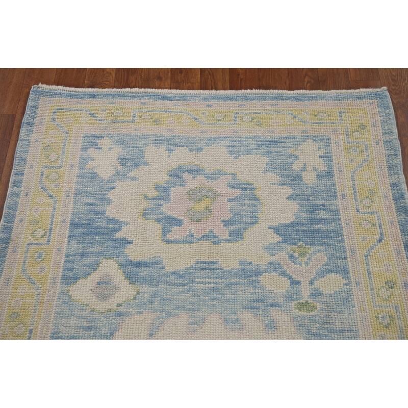Vegetable Dye Oushak Turkish Runner Rug Hand-knotted Blue Wool Carpet - 3'3"x 12'10"