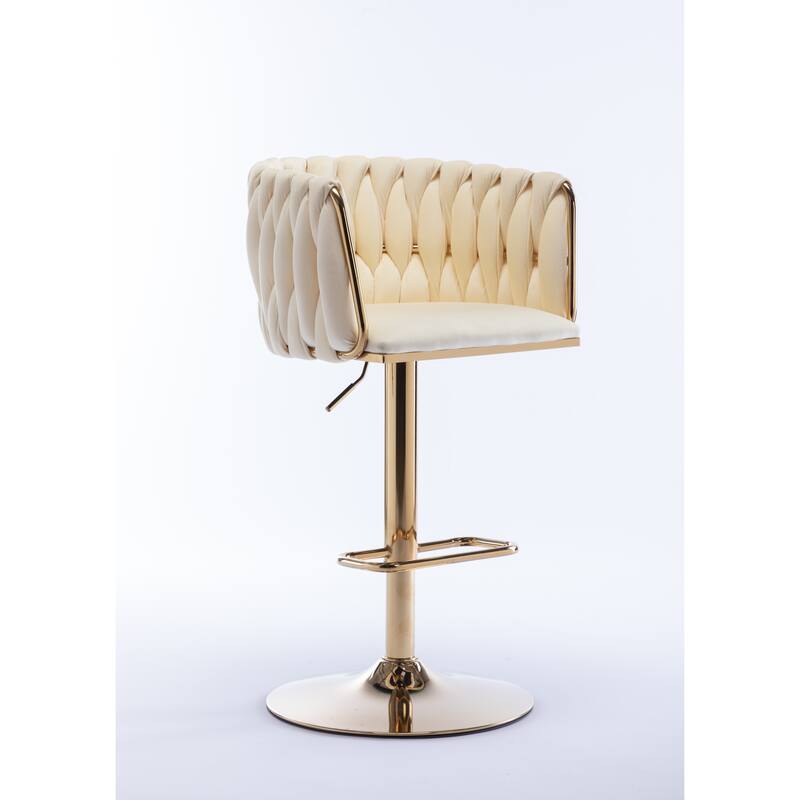 Set of 2 Bar Stools,with Chrome Footrest and Base Swivel Height Adjustable Mechanical Lifting Velvet + Golden Leg