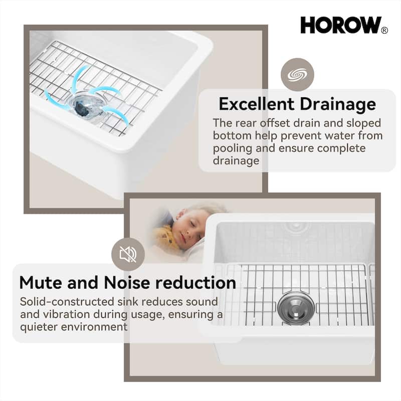 HOROW Undermount Fireclay 24 in. Single Bowl Kitchen Sink with Bottom Grid and Strainer in White