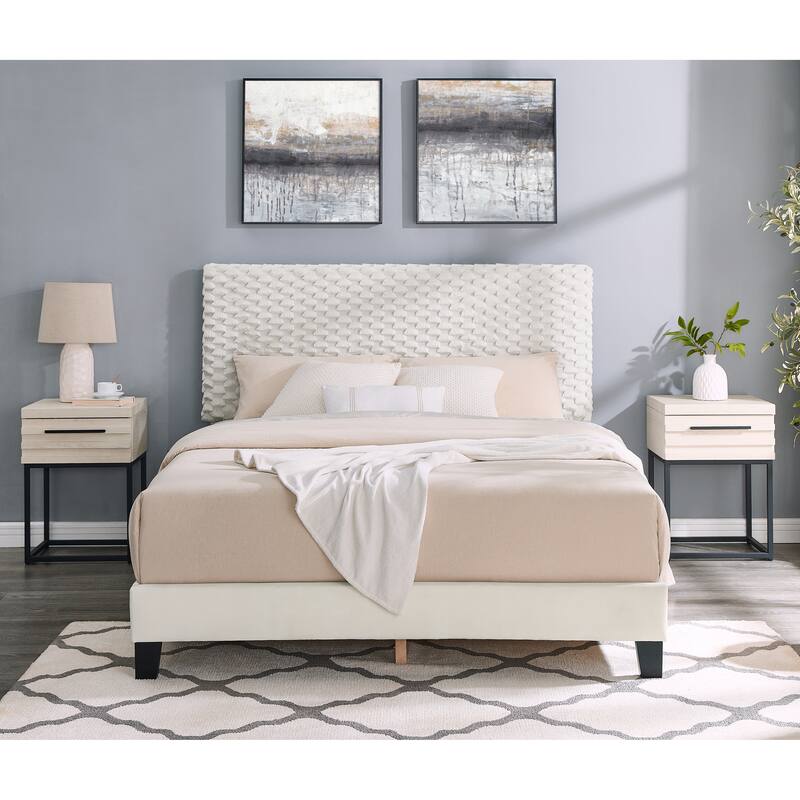 Findlay 3-Piece Bedroom Set, Plush 3D Upholstered Bed with Two Nightstands, Full