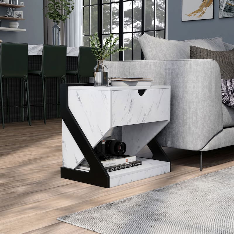 DH BASIC Modern White Faux Marble 1-Drawer Nightstand Side Table by Denhour - White Marble