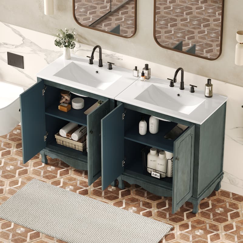 30-Inch Vintage Bathroom Vanity, Rectangle Ceramic Sink, 2 Doors, Solid Wood Legs and Adjustable Shelves