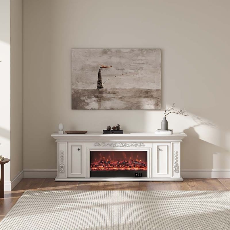 78.74" Modern Electric Fireplace TV Stand with LED Flame Effects，Beige TV Console, 2 Drawers, MDF