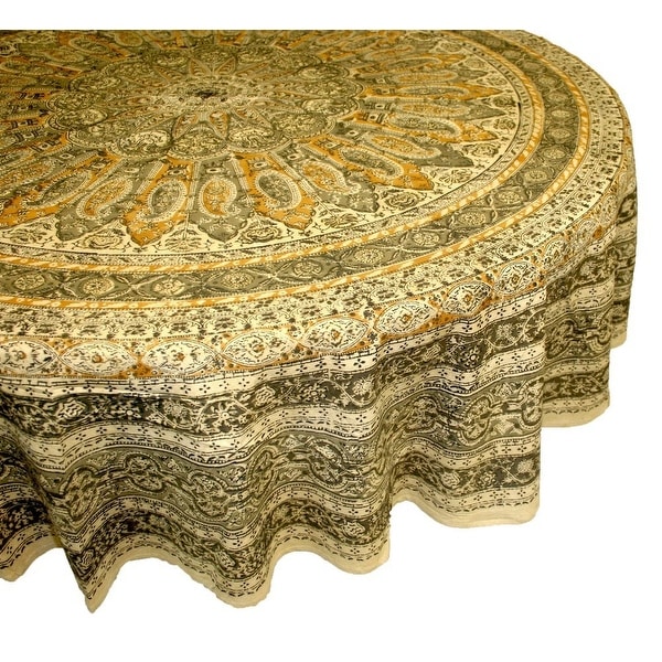 Handmade Vegetable Dye Floral Block Print Tablecloth 100% Cotton Green Rectangle Square Round