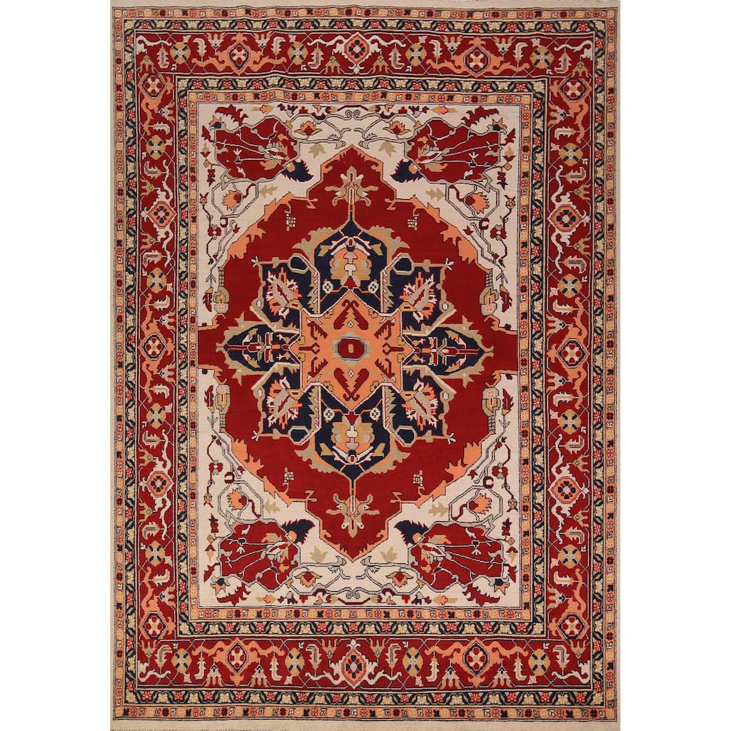 Geometric Red Heriz Oriental Area Rug Hand-Knotted Wool Carpet - 8'0" x 9'8"
