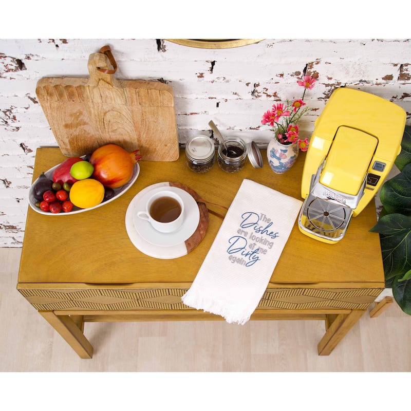 Dishes Looking At Embroidered Waffle Weave Kitchen Towel